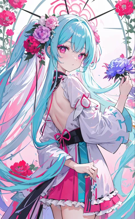 Red pink green blue purple gray cyan peony flowers for decoration，Light green blue purple gray cyan red long hair，Dark red pink green blue purple gray cyan and white clothes，Delicate pupils of blue, purple, gray and cyan，Fairy Sister of Hehuan Sect，A crazy...