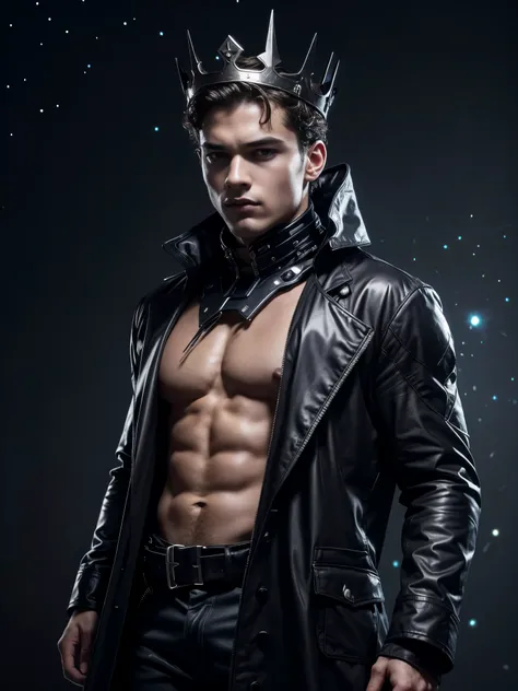 Photorealistic, ((best quality)), ((masterpiece)), (detailed),masculine portrait of youngt futuristic prince, 18-year-old male models, handsome, tall, cute looking, evil look, dark look, powerful, young male, handsome model, clean shave, silver eyes. (shor...