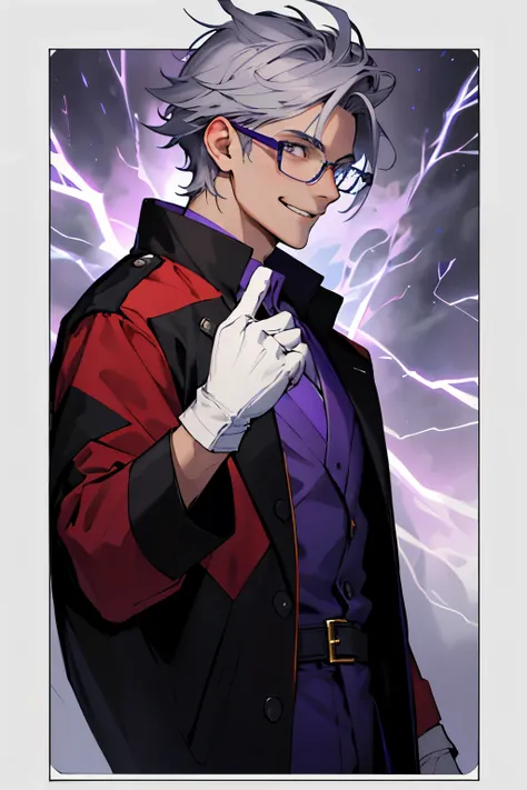 Beautiful young man with gray hair and glasses。Eyes are red。Black coat with classic design decorations、white gloves。Grinning, he holds out his right hand and manipulates purple lightning magic.。The background is a purple magic square。Angle from the side、In...