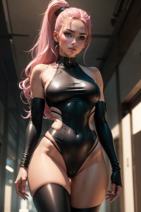 Jury, o personagem de Street Fighter, wearing her iconic classic look.Shes standing full body. (Shes dressed in a tight combat suit,corpo inteiro,cabelo liso preto e rosa, micro string bikini preto, Botas pretas e rosa Longas : 1.2)cyberpunk, highlighting ...