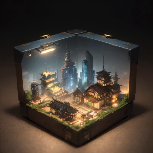 small realistic model, (bifurcation, original photo, best quality, masterpiece:1.4),SteampunkCyberpunk63920 City,(Cyberpunk light:1.3), Mards,horizon (related to land),(in a small nature box:1.3),Isometric, small nature, landscape on foundation,landscape,