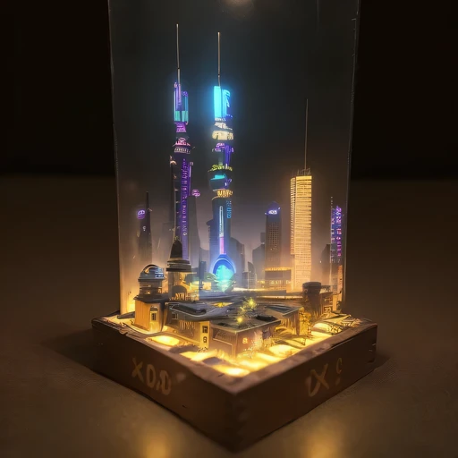 small realistic model, (bifurcation, original photo, best quality, masterpiece:1.4),Steampunk Cyberpunk 1820 City,(Cyberpunk light:1.3), Mards,horizon (related to land),(in a small nature box:1.3),Isometric, small nature, landscape on foundation,landscape,