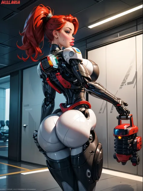 ((Back profile:1.3)), turning head looking to viewer, ((red hair)), There is a woman in a robot suit ((posing next to an futuristic Roman building)), ((integrated jet pack)), ((bulky jet pack:1.3)), Beautiful white girl half cyborg, Cute cyborg girl, Beaut...