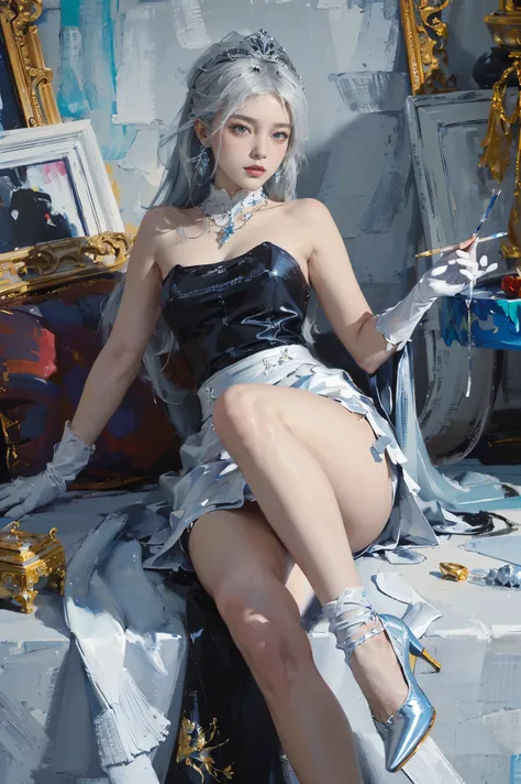 ((best quality)), ((masterpiece)), ((1 girl)), alone, The background is a luxury car, ((Changdu base, ((thigh)),pointed toe high heels, bare shoulders, ((jewelry)), ((sleeveless)), white dress, blue skirt, ((Gloves)), thigh高, （Nikolai Fehin），(菲钦布面painting，...