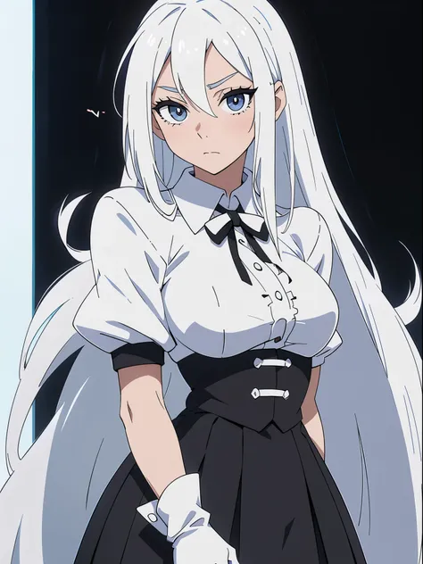((White hair)),((Head and Shoulders Image)),(super-long hair),Sexy,A person,Alone,Simple style,pancake ,Simple details,Black background,Empty background,Black background wall,(20 year old woman),(White Gloves),Puffy skirt,(Lace Shirt),Lace,((Shy))
