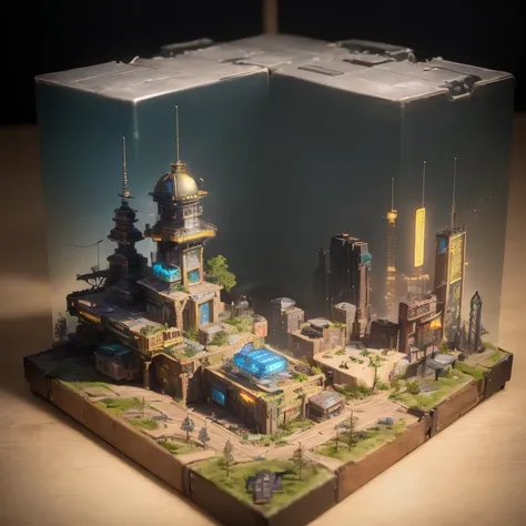 small realistic model, (bifurcation, original photo, best quality, masterpiece:1.4),Steampunk Cyberpunk 1820 City,(Cyberpunk light:1.3), Mards,horizon (related to land),(in a small nature box:1.3),Isometric, small nature, landscape on foundation,landscape,