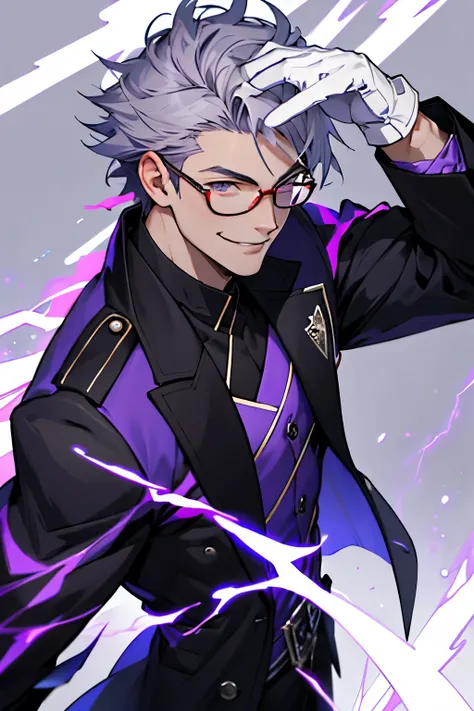 Beautiful young man with gray hair and glasses。Eyes are red。Black coat with classic design decorations、white gloves。Grinning, he holds out his right hand and manipulates purple lightning magic.。The background is a purple magic square。