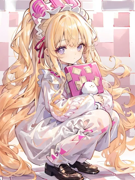 girl,light golden hair,long hair with curls,BREAK//(double sleeve long sleeve),((clothes with lots of frills)),(Shiny cute loafer shoes),((BREAK//)),((Square patterned background:1.6)),close up of face,(holding a stuffed rabbit)