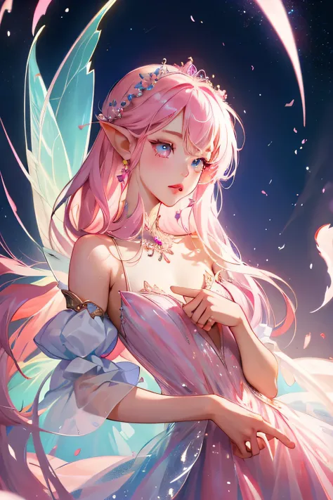 ridiculous, high resolution, super detailed, 1 girl, alone, extremely detailed eyes, Super accurate depiction, super detailed的描绘, (Fairy dress), Fairy tale princess, (shiny skin), in Pink and white