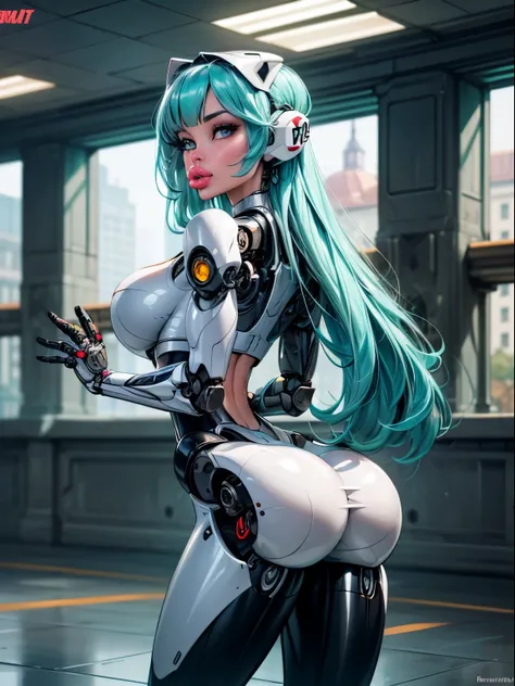 ((front view:1.3)), turning head looking to viewer, ((light aqua hair:1.4)), There is a woman in a robot suit ((posing next to an futuristic Roman building)), ((long side burns)), ((long hair bangs)), Beautiful white girl half cyborg, ((gray ass:1.3)), Cut...