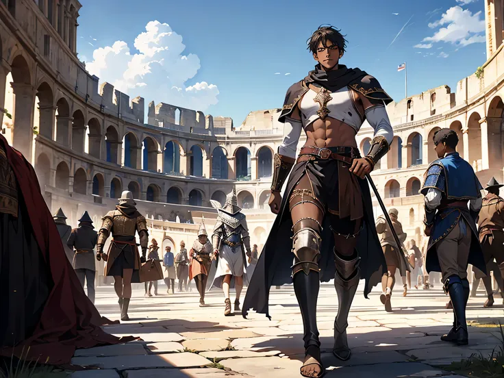 many thin young man, dark skin, slavery, this man is a slave, gladiator, colloseum, blue sky, medieval times, torn clothes