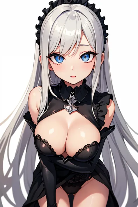 1girl, anime, cute girl, blank background, white background, fantasy, detailed dark fantasy dress with highlights, beautiful face, beautiful eyes, dark colors, silver hair, slight medium breasts, slight cleavage, beautiful skin, cute, breast curtains, extr...