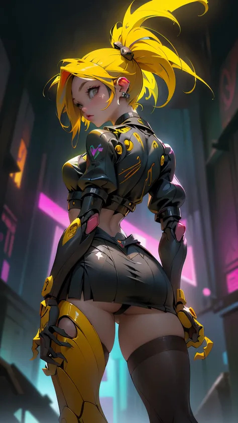 (rear view, backside view)、(La mejor calidad,A high resolution,Ultra - detallado,actual),Ariana Grande en miniskirt yellow , retrato, (Superchica zombi de DC:1.4 ) , (biomech yellow :1.4 ) , robot complejo, crecimiento completo, Hyper realistic, crazy litt...