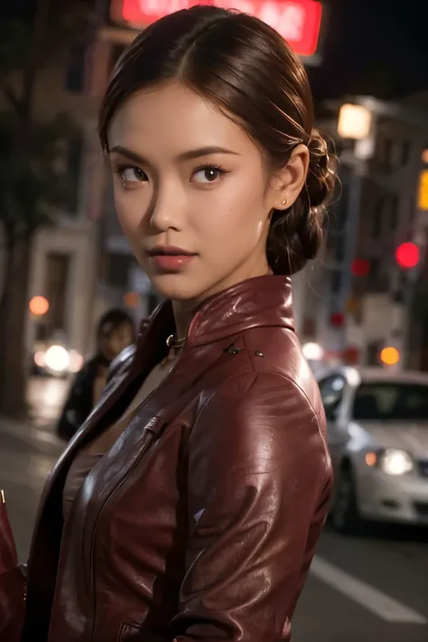 best quality, realistic, front pov, KristannaTX in a los angeles city street, (a female Indonesian supermodel), (wine red leather jacket:1.1), seductive smile, (dark hair), (updo hair:1.1), perfect eyes, sharp details, detailed face, face makeup, cheeks bl...