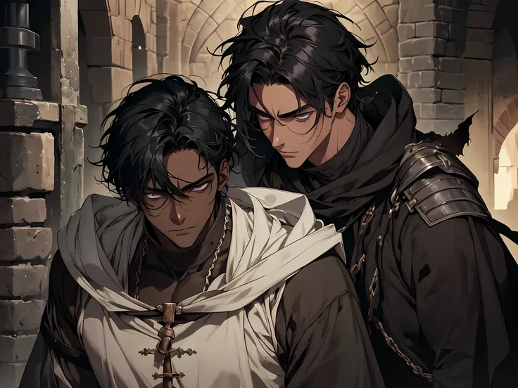 2 thin young men, dark skin, slavery, this man is a slave, black hair, in a prison, detailed eyes, detailed face, detailed nose, handsome man, highres, dungeon, dark, medieval times, frustrated, torn clothes, talking, dark night