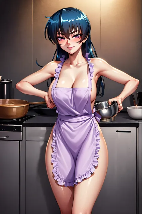 asagi, (naked apron:1.2),cleavage,long hair, blue hair, hair between eyes, sidelocks, purple eyes, looking at viewer, kitchen,(highres, high quality:1.1), intricate details, cinematic lighting, 1girl,(red blush,smile),