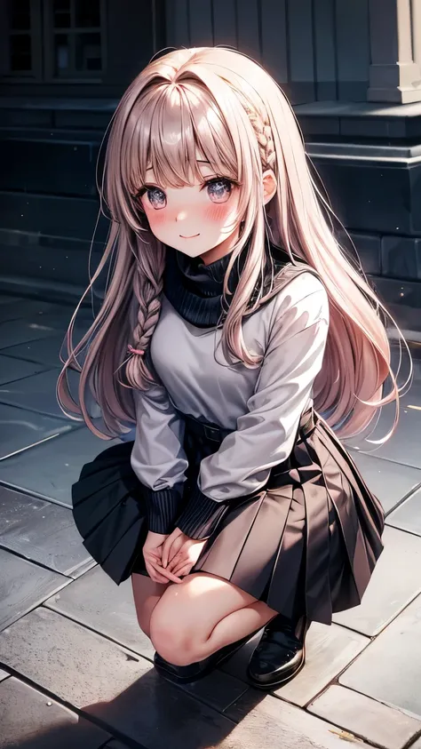 An elementary student Japanese girl ((flat chest , slender)), brown long hair((straight hair,Dutch braid on her head )((much blush bangs forelock:1.3)), tidy long sleeves casual shirts ((silver turtle neck )), black overcoat((pale pink color )),gray maxi l...