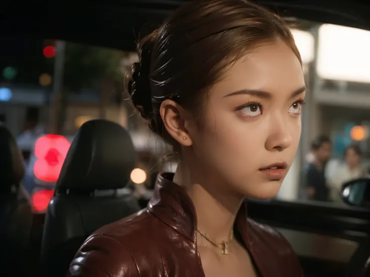 best quality, realistic, front pov, KristannaTX in a los angeles city street, (a female Indonesian supermodel), (wine red leather jacket:1.1), expressionless, stoic face, (dark hair), (updo hair:1.0), perfect eyes, sharp details, detailed face, face makeup...