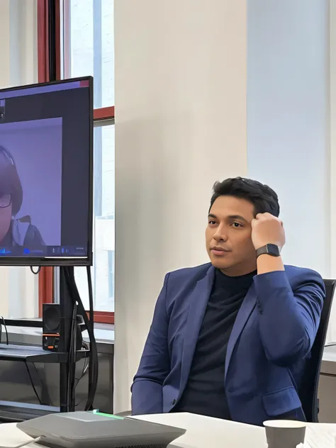 there is a man sitting at a table with a laptop and a monitor, smooth in _ the background, stacked image, reddit post, captured on iphone, facebook post, looking partly to the left, instagram post, in the background, giving an interview, taken on iphone 1 ...