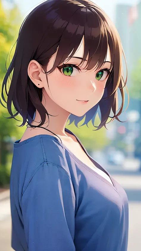 Placing hand to ear、 cowboy shot,, Realistic, real person, RAW photo, photorealistic, portrait photography, shiny skin, japanese idol、(前髪がある20歳の女性), (green eyes:1.5) and (brown hair) and (bob cut) and (wavy hair), (blue V-neck shirt:1.5)、タイトスカートを履いている、smil...