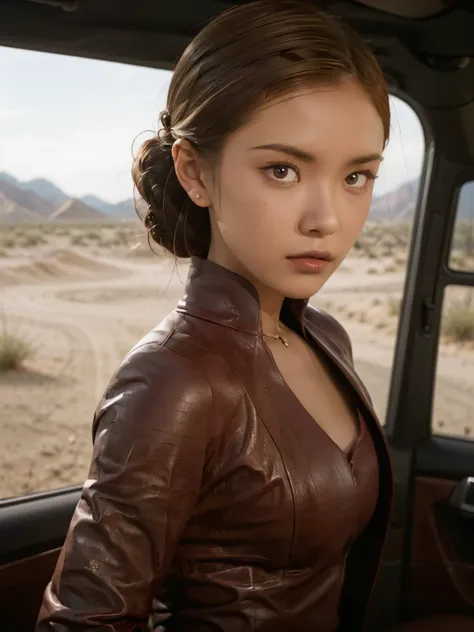 best quality, realistic, front pov, KristannaTX in a desert, (a female Indonesian supermodel), (wine red leather jacket:1.1), expressionless, (dark hair), (updo hair:1.0), perfect eyes, sharp details, detailed face, face makeup, cheeks blush, eyeliner, eye...