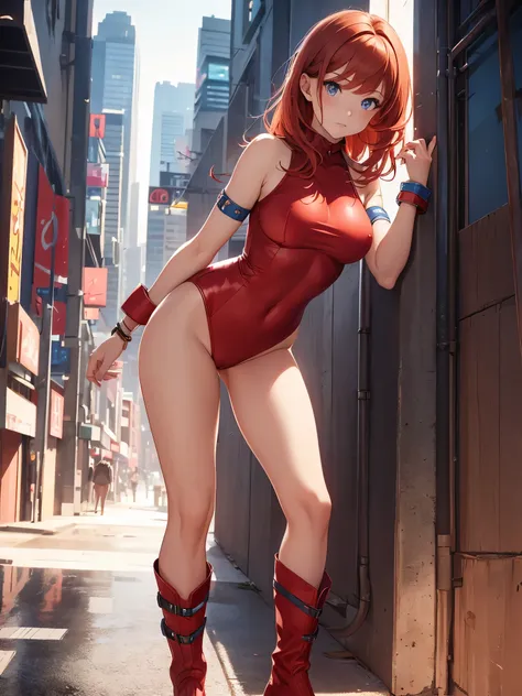 1girl, medium breasts, leotard, red leotard with blue accents, bare legs, boots, matching boots, bracelets, city backdrop, solo, single, standing, full body shot, cowboy shot, beautiful detailed eyes, mature lady, red hair, medium hair 