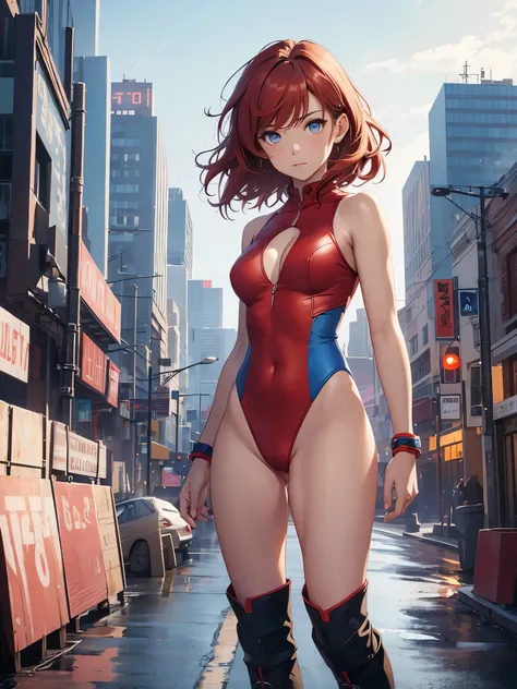 1girl, medium breasts, leotard, red leotard with blue accents, bare legs, boots, matching boots, bracelets, city backdrop, solo, single, standing, full body shot, cowboy shot, beautiful detailed eyes, mature lady, red hair, medium hair 