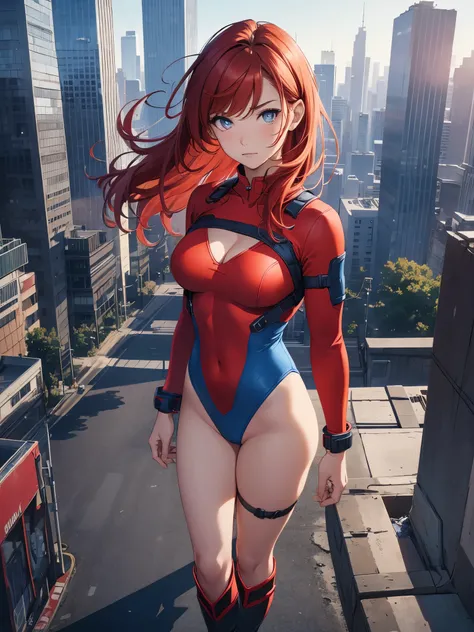 1girl, medium breasts, leotard, red leotard with blue accents, bare legs, boots, matching boots, bracelets, city backdrop, solo, single, standing, full body shot, cowboy shot, beautiful detailed eyes, mature lady, red hair, medium hair, superhero 