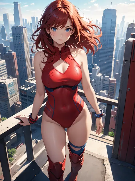 1girl, medium breasts, leotard, red leotard with blue accents, bare legs, boots, matching boots, bracelets, city backdrop, solo, single, standing, full body shot, cowboy shot, beautiful detailed eyes, mature lady, red hair, medium hair, superhero 