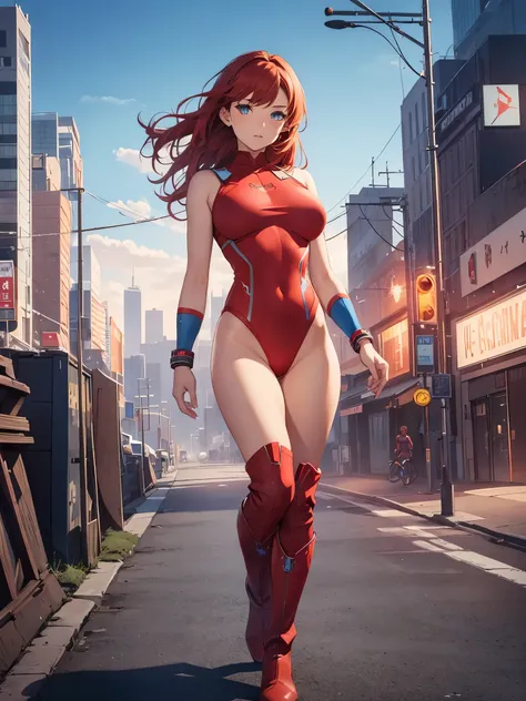 1girl, medium breasts, leotard, red leotard with blue accents, bare legs, boots, matching boots, bracelets, city backdrop, solo, single, standing, full body shot, cowboy shot, beautiful detailed eyes, mature lady, red hair, medium hair, superhero 