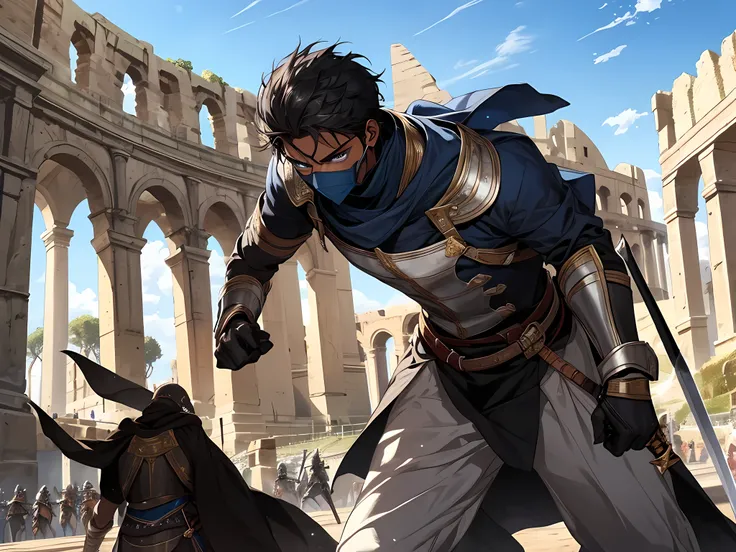 thin young man, dark skin wearing mask, slavery, this man is a slave, in battle arena, colloseum, blue sky, sword battle
