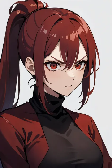 tall, angry woman, womans hair tied up, dark red turtleneck style shirt with light colored lines, red hair with black strands, black wings,