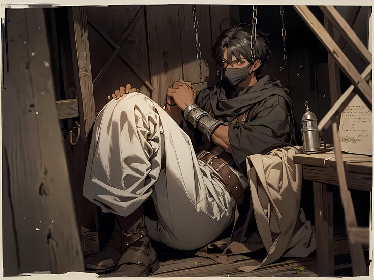 thin young man, dark skin wearing mask, slavery, this man is a slave, black hair, in a prison, dungeon, dark, medieval times, frustrated, torn clothes, sitting in a cell
