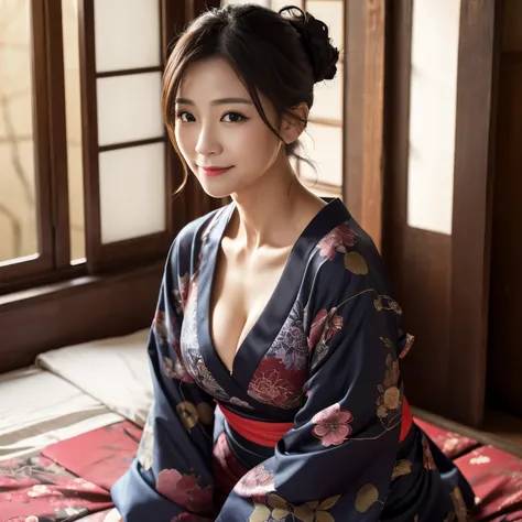 ((highest quality、table top、8K、best image quality、hyper realism))、1 female、(45 year old wrinkled mature woman:1.1)、Japanese-style kimono、hair ornaments、dark beautiful lipstick、(look at me with a slightly sad smile:1.3)、perfect makeup、Small cleavage、exposed...