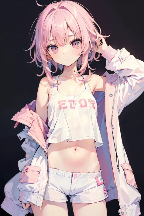 NSFW、pretty girl、((oversize jacket、Tank top、white pink hot pants、14 years old、Slender Beautiful Girl、baby face、messy hair：1.1))、I can see your stomach