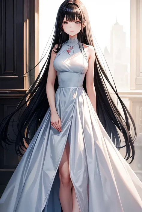 Beauty、Slender、black hair、Long straight hair、whole body、white evening dress