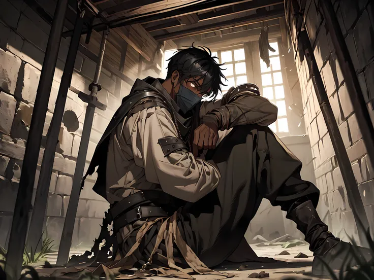 thin young man, dark skin wearing mask, slavery, this man is a slave, black hair, in a prison, dungeon, dark, medieval times, frustrated, torn clothes, sitting in a cell, ragged oversized clothes, imprisoned, bruised, punch scars
