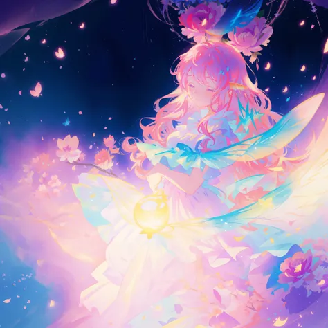 close up of a beautiful fairy girl in tiered gradient ballgown dress, gradient colorful dress, ((layered flower petal skirt)), fairy dress, fairy queen, magical fantasia background, (glowing fairy wings), glowing flowing ballgown, long wavy hair, sparkling...