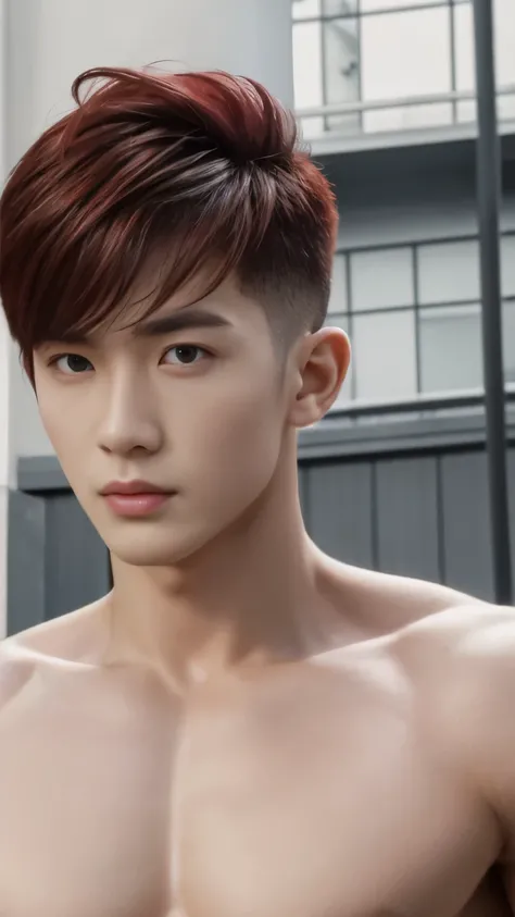 masterpiece, highest quality:1.2,high detail,1 male,good looking,muscular man, Topless ,sports oath,street ,  looking at the viewer, manly, short hair,Hair dyed red,ambient occlusion,