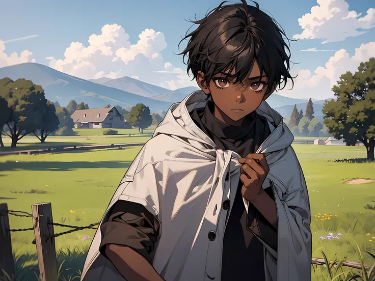 thin young kid, 10 year old kid, dark skin, in a countryside, black hair, poor neighborhood, detailed face, detailed eyes, detailed nose, ragged oversized clothes
