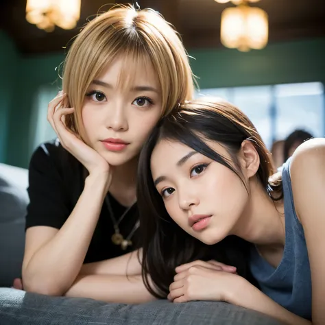 Best-quality, Masterpiece, Ultra-High-Resolution, (Photorealistic:1.4), Raw-Photo, 1-lesbian-couple, relaxing on sofa, (1girl, 15-years-old, the most popular Japanese idol, extremely cute face, extremely beautiful big-blackeyes, extremely beautiful black-s...