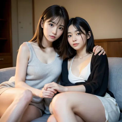 Best-quality, Masterpiece, Ultra-High-Resolution, (Photorealistic:1.4), Raw-Photo, 1-lesbian-couple, relaxing on sofa, (1girl, 15-years-old, the most popular Japanese idol, extremely cute face, extremely beautiful big-blackeyes, extremely beautiful black-s...