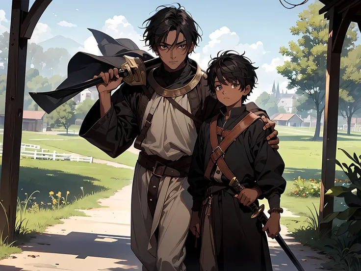 thin young kid, 10 year old kid, dark skin, in a countryside, black hair, poor neighborhood, detailed face, detailed eyes, detailed nose, ragged oversized clothes, carrying wooden sword, the kid with his brother, sibling, medieval times
