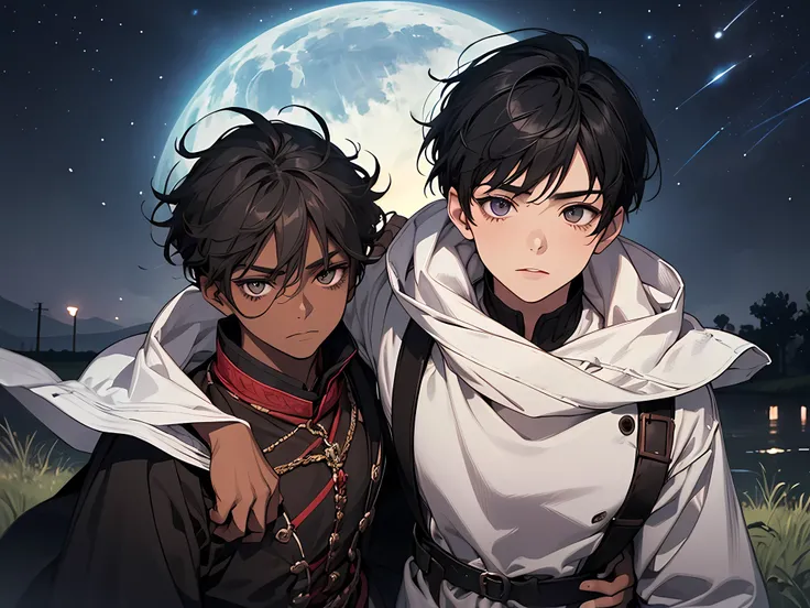 thin young kid, 15 year old kid, dark skin, in a countryside, black hair, poor neighborhood, detailed face, detailed eyes, detailed nose, ragged oversized clothes, carrying wooden sword, the kid with his brother, sibling, medieval times, dark night, dark s...