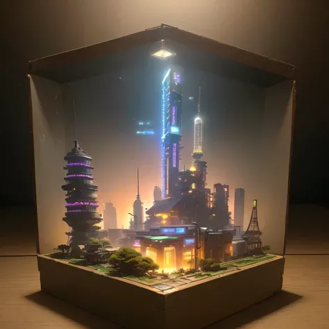 small realistic model, (bifurcation, original photo, best quality, masterpiece:1.4),Steampunk Cyberpunk 1820 City,(Cyberpunk light:1.3), Mards,horizon (related to land),(in a small nature box:1.3),Isometric, small nature, landscape on foundation,landscape,