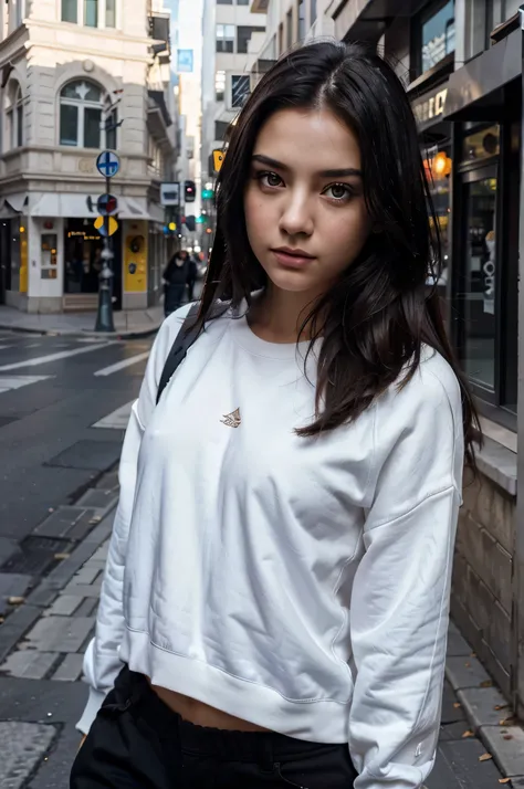 Realistic,dramatic lighting,1girl,solo,detailed face,realistic eyes,realistic skin,black hair,dynamic pose, dynamic angle, white sweatshirt, long hair cut, a selfie of a pretty young woman in street, raw photo,1girl,beautiful detailed eyes and face