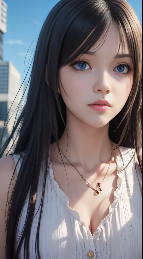 Anime girl with long black hair and blue eyes，Smooth anime CG art，Realistic anime 3D style，Realistic anime art style，Detailed digital animation art，Digital animation illustration，Realistic anime art style，kawaii realistic portrait，Detailed portrait of anim...