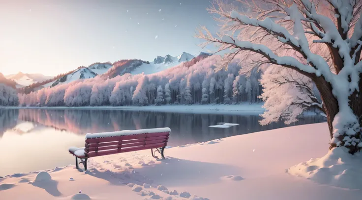 snowy scene of a bench and a tree by a lake, beautiful winter area, winter setting, beautiful wallpaper, warm beautiful scene, beautiful snowy landscape, cold but beautiful, beatiful backgrounds, hd wallpaper, winter atmosphere, very beautiful photo, snowy...