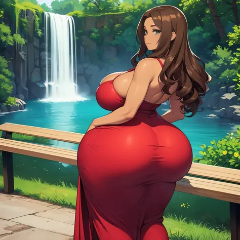 Beautiful brown skin woman, she has brunette curly long hair, she is wearing a red dress, she has a gigantic butt, very thick thighs hourglass figure big breasts curvy, she is in a bench next to a magical waterfall