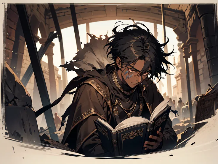 thin young man, dark skin wearing mask, slavery, this man is a slave, black hair, medieval times, frustrated, torn clothes, in a battle arena, ragged oversized clothes, imprisoned, bruised, punch scars, bloody face, reading a book
